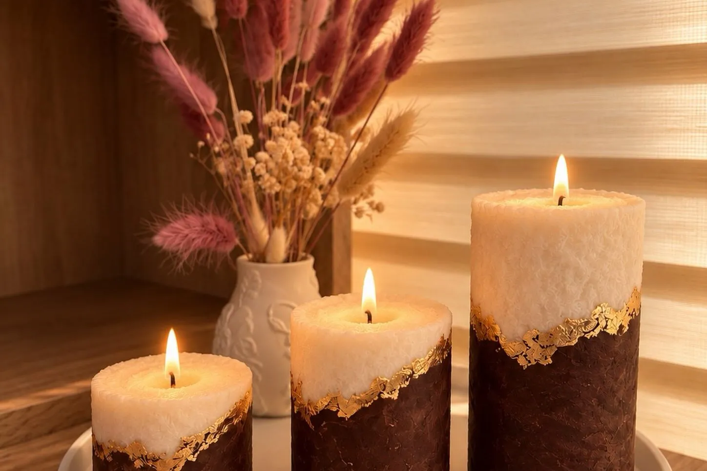Three lit brown pillar candles with gold leaf, in warm window light, with dried grass